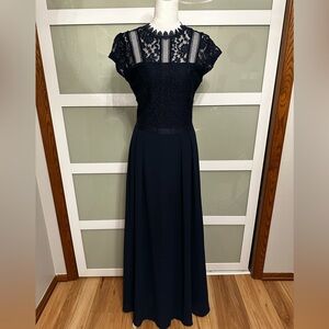 Navy Blue Lace Top Cap Sleeve Evening Gown